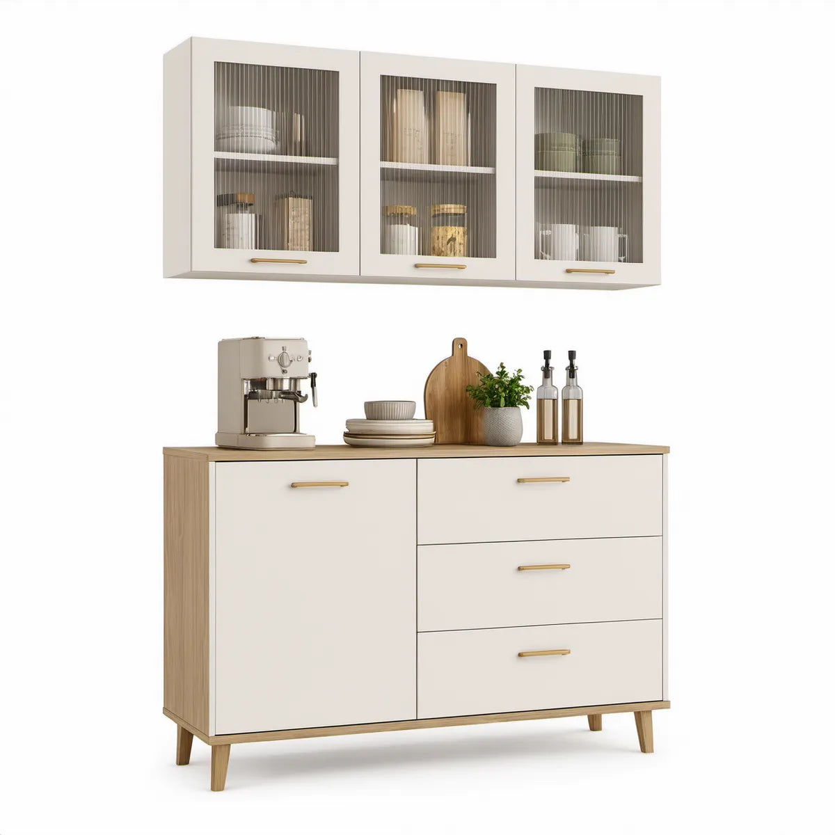 Küchenmöbel-Set Weiss und Eiche natur mit Riffelglas, 120 × 40 × 90 cm + 120 × 32 × 60 cm
