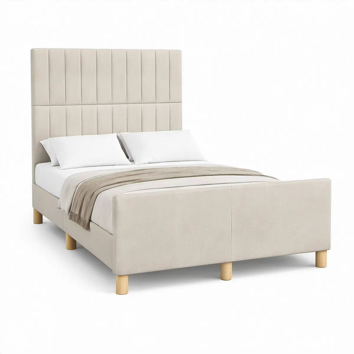 Gepolstertes Doppelbett 160 x 200 cm mit Polyesterbezug in Creme