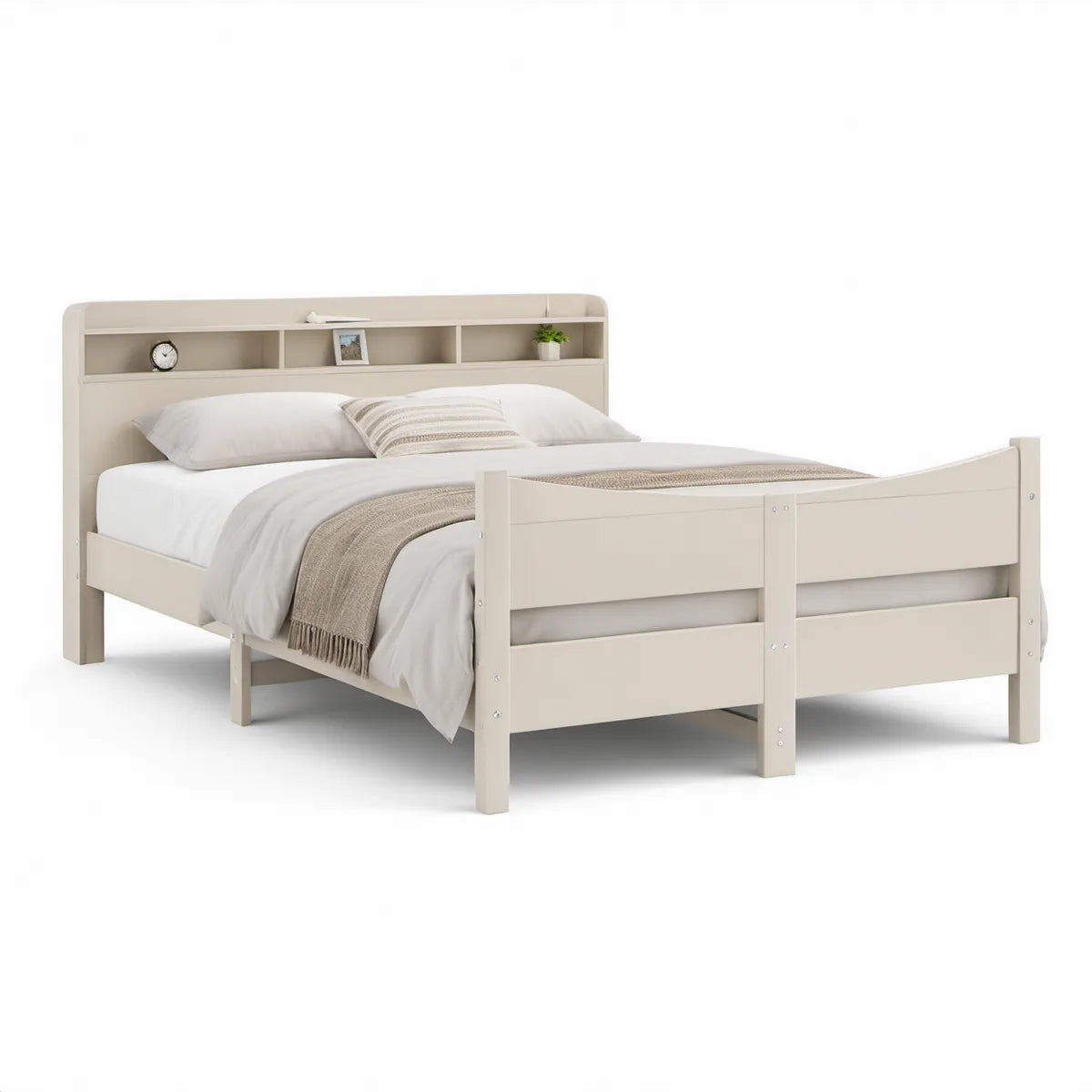 Doppelbett 160 x 200 cm mit Stauraum-Kopfteil aus Kiefernholz in Cremeweiss