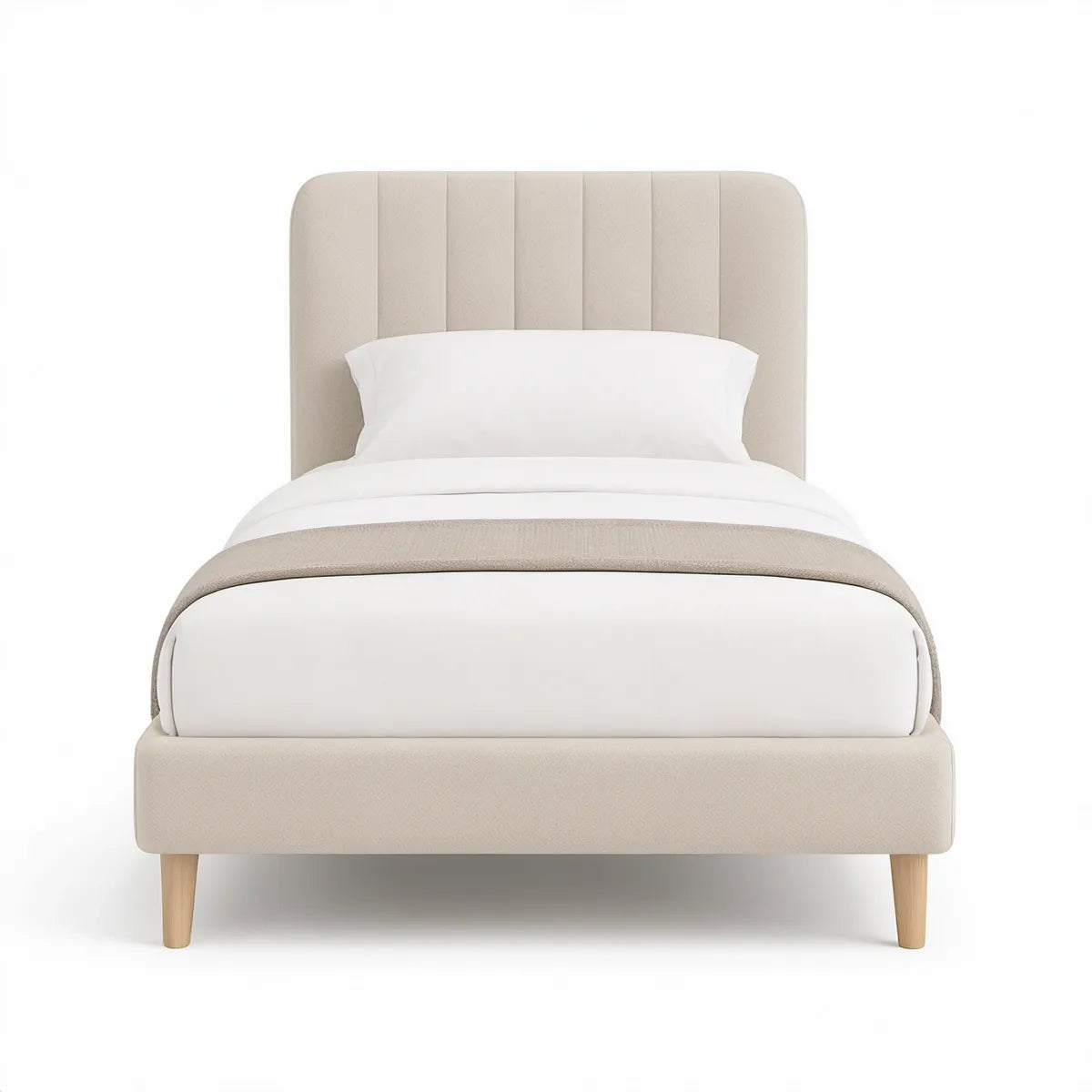 Gepolstertes Bettgestell 90 x 200 cm mit abgerundetem Kopfteil, Polyesterbezug Beige und Holzfüssen