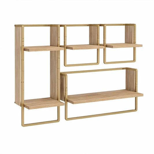5-teiliges Wandregal-Set aus Stahl und MDF in Eichenoptik Natur und Gold, 150 x 20 x 100 cm
