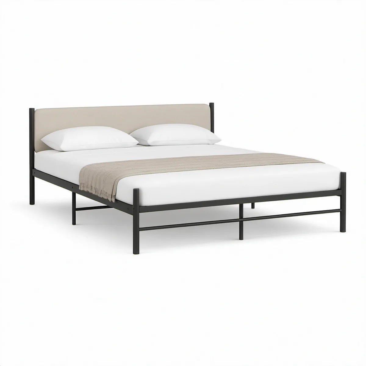 Metallbett 160 x 200 cm in Schwarz und Beige mit gepolstertem Kopfteil