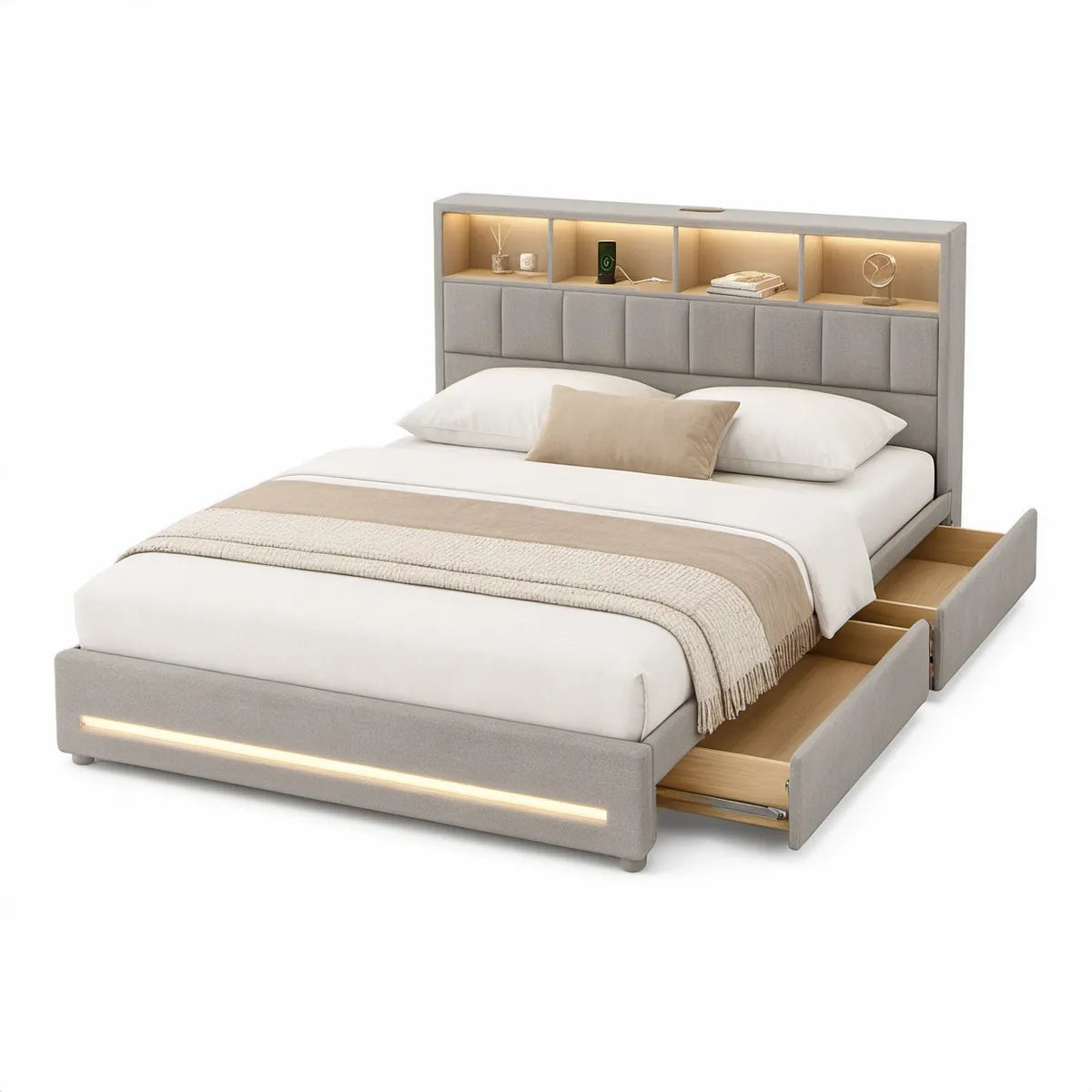 Graues Polsterbett 180 x 200 cm mit LED-Beleuchtung, Kopfteilregal und 2 Schubladen