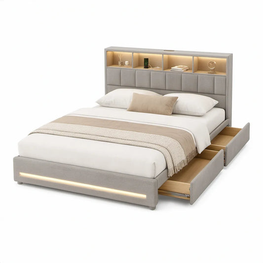 Graues Polsterbett 180 x 200 cm mit LED-Beleuchtung, Kopfteilregal und 2 Schubladen