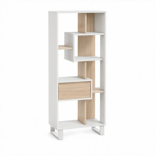 Bücherregal und Raumteiler mit Schublade, 60 x 30 x 180 cm, Weiss/Eiche hell