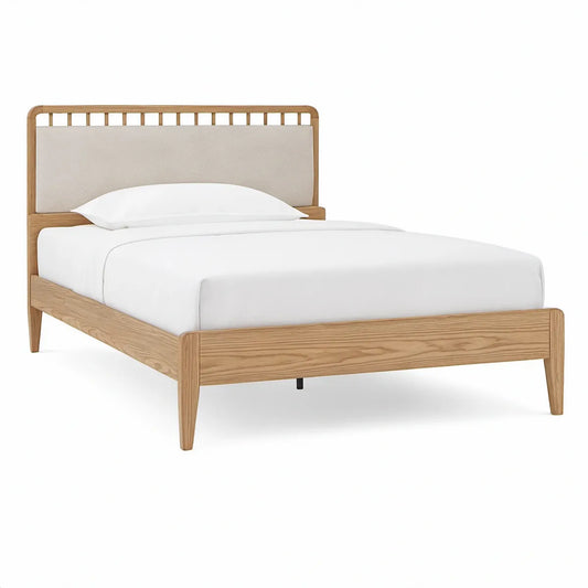 Doppelbett 160 x 200 cm aus Eichenholz Natur mit gepolstertem Kopfteil Beige, 170 x 212 x 110 cm