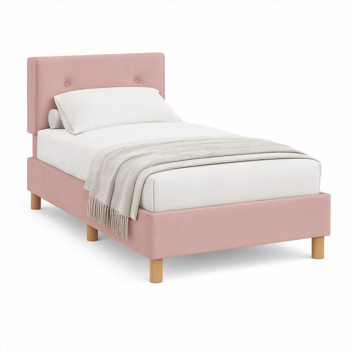 Gepolstertes Einzelbett 90 x 200 cm in Rosa mit Massivholzfüssen