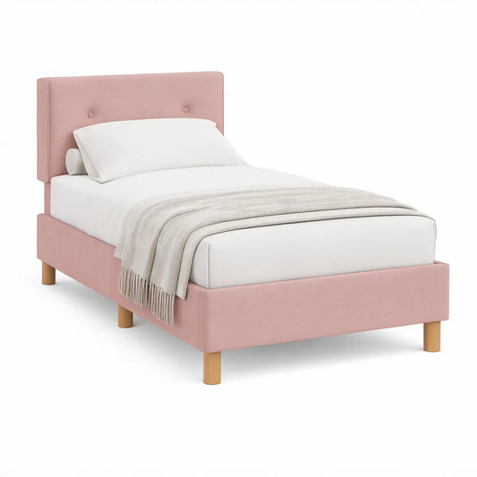Gepolstertes Einzelbett 90 x 200 cm in Rosa mit Massivholzfüssen