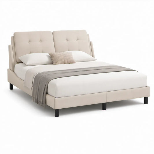 Gepolstertes Doppelbett in Creme, 160 x 200 cm, mit zweiteiligem Kopfteil