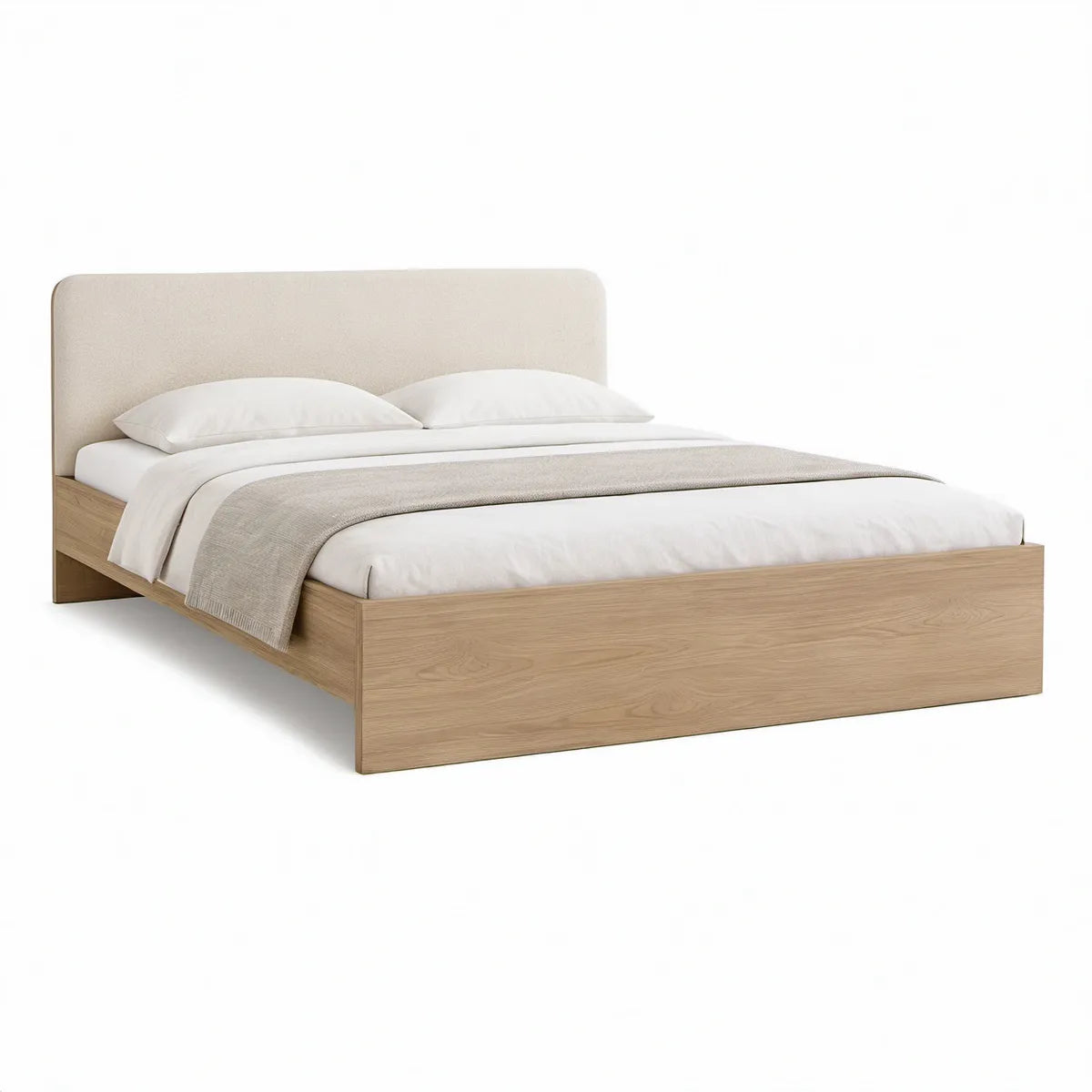 Polster-Bettgestell 180 x 200 cm mit Polyester-Kopfteil, Natur-Eiche/Beige