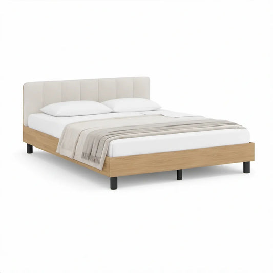 Doppelbett 160 x 200 cm in Eichenoptik mit gepolstertem Kopfteil Beige